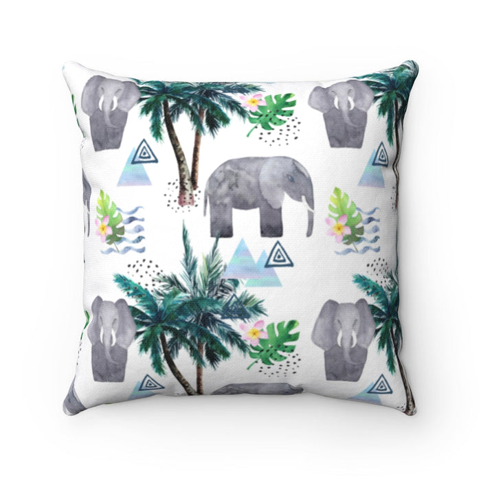 Two-Tone Elephant Cushion: Embellish Your Home, Available in 4 Sizes: off-white, gray elephants and tropical foliage, cartoon
