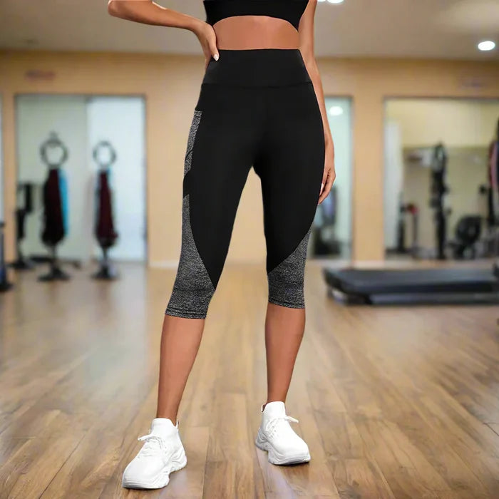 Two Tone High-Waisted Yoga Leggings: black, heather gray cropped athletic leggings, sporty style