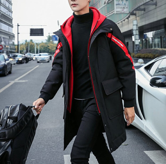 Two Tone Hooded Coat for Men: Enhancing Style and Warmth: black, red hooded puffer coat, urban streetwear style