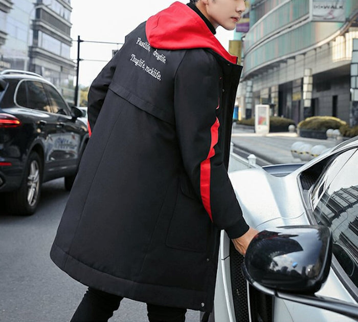 Two Tone Hooded Coat for Men: Enhancing Style and Warmth: black, red hooded puffer coat, urban streetwear style