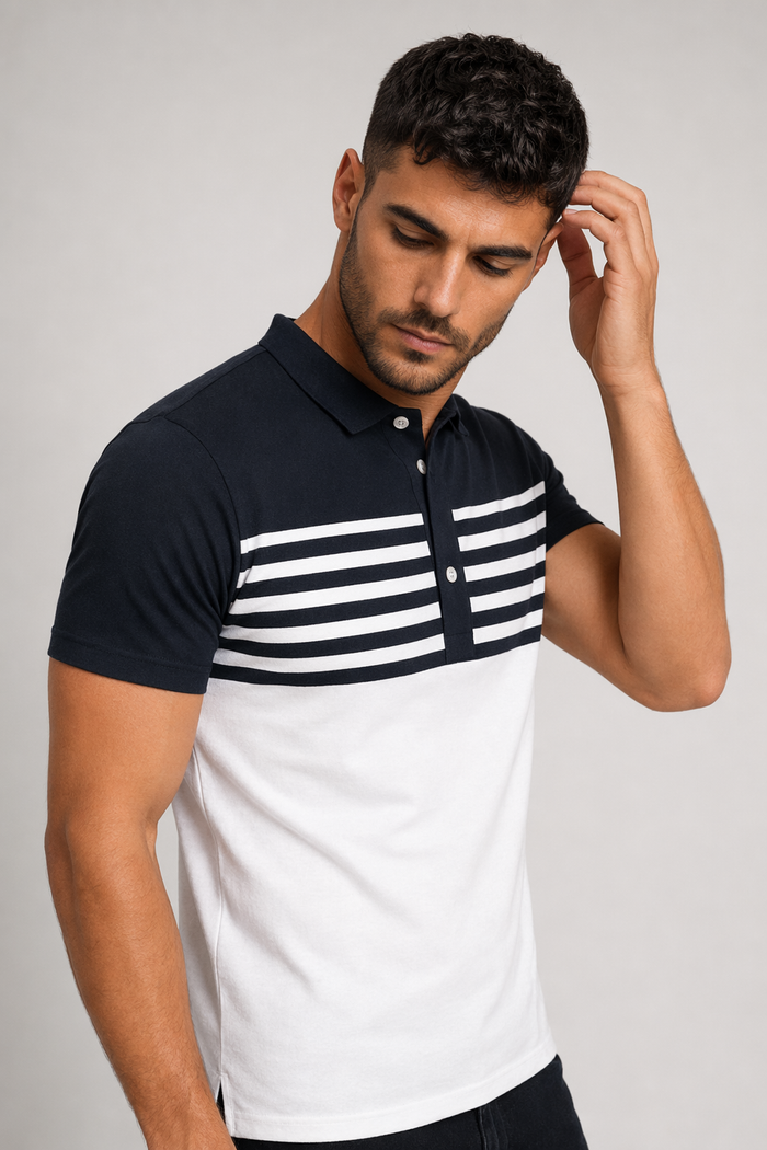 Two Tone Men's Slim Fit Polo Shirt with Stripes Navy