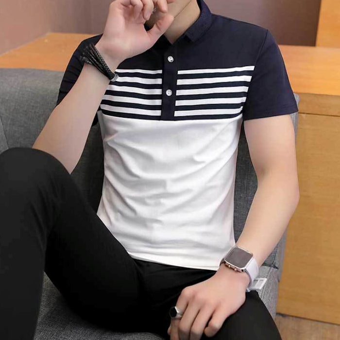 Two Tone Men's Slim Fit Polo Shirt with Stripes: navy blue, white short-sleeve polo shirt, minimal casual color-block style