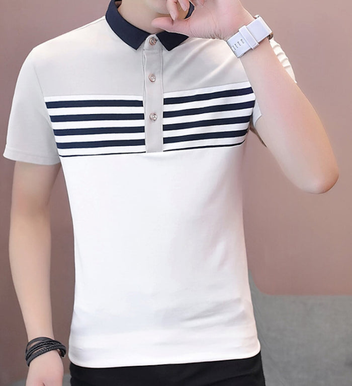 Two Tone Men's Slim Fit Polo Shirt with Stripes: navy blue, white short-sleeve polo shirt, minimal casual color-block style