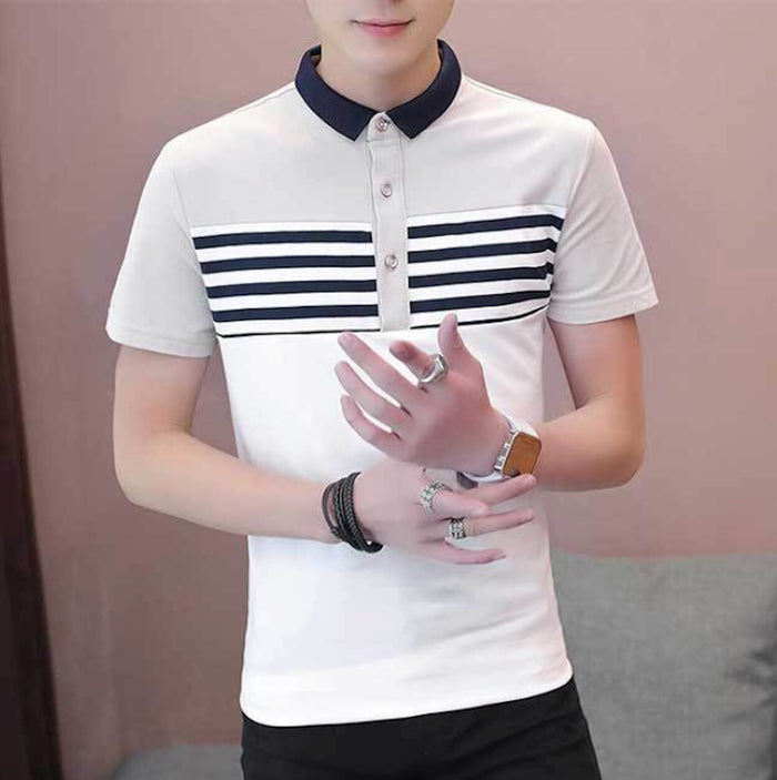 Two Tone Men's Slim Fit Polo Shirt with Stripes: navy blue, white short-sleeve polo shirt, minimal casual color-block style