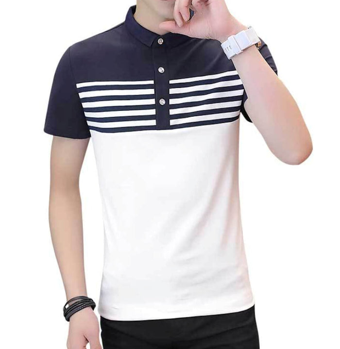 Two Tone Men's Slim Fit Polo Shirt with Stripes: navy blue, white short-sleeve polo shirt, minimal casual color-block style