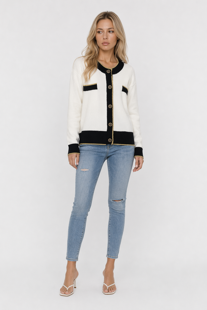 Two Tone Women's Button-Up Cardigan - Clarifying the Essence of the Product while Distinguishing It from the Original White