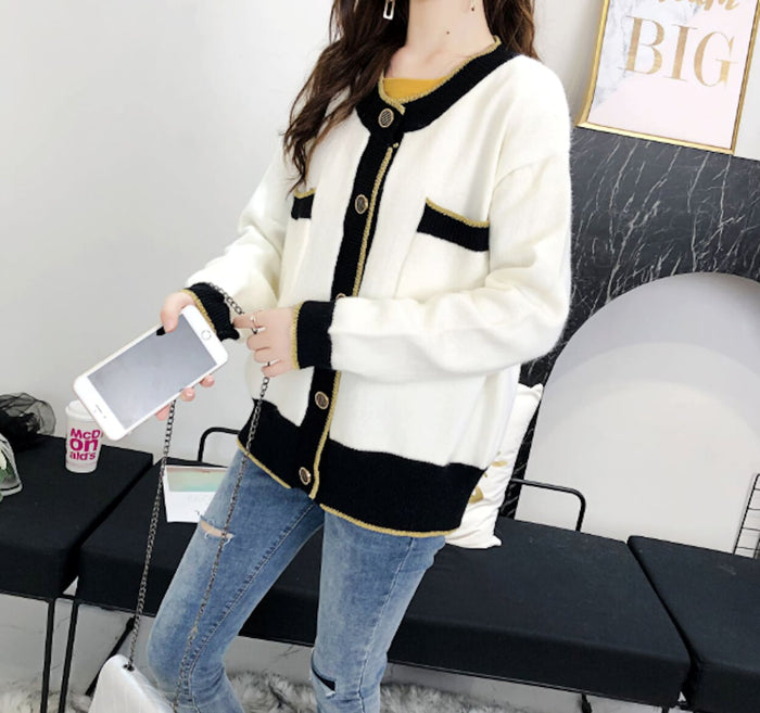 Two Tone Women's Button-Up Cardigan, Clarifying the Essence of the Product while Distinguishing It from the Original: black