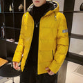Two-Toned Hooded Puffer Jacket for Men: bright yellow, black hooded puffer jacket, casual sporty style