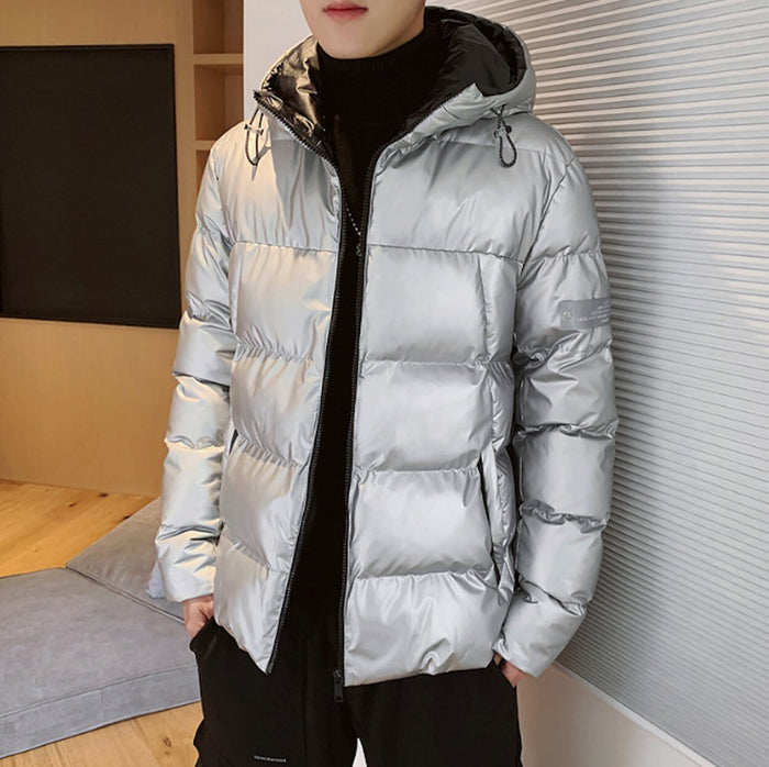 Two-Toned Hooded Puffer Jacket for Men: bright yellow, black hooded puffer jacket, casual sporty style