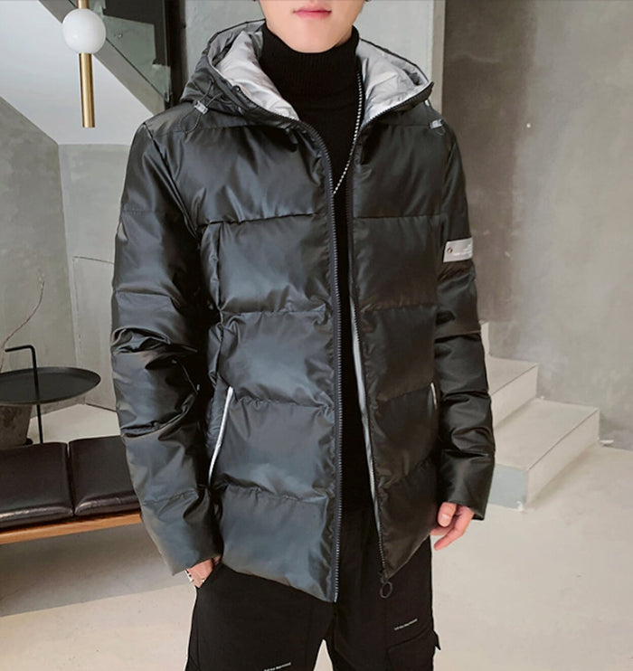 Two-Toned Hooded Puffer Jacket for Men: bright yellow, black hooded puffer jacket, casual sporty style
