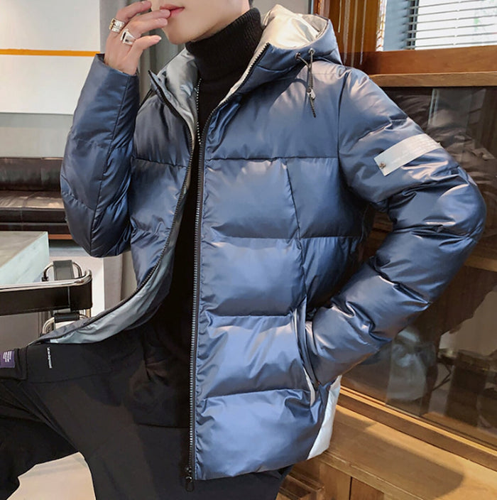 Two-Toned Hooded Puffer Jacket for Men: bright yellow, black hooded puffer jacket, casual sporty style