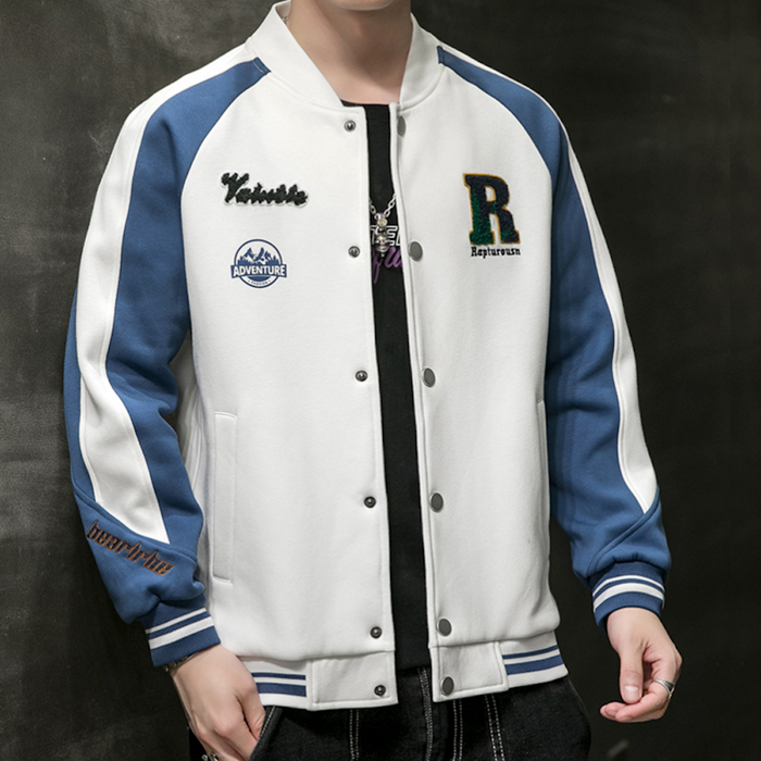 Two-Toned Men's "R" Varsity Coat: white, dark gray varsity-style jacket, casual sporty varsity style