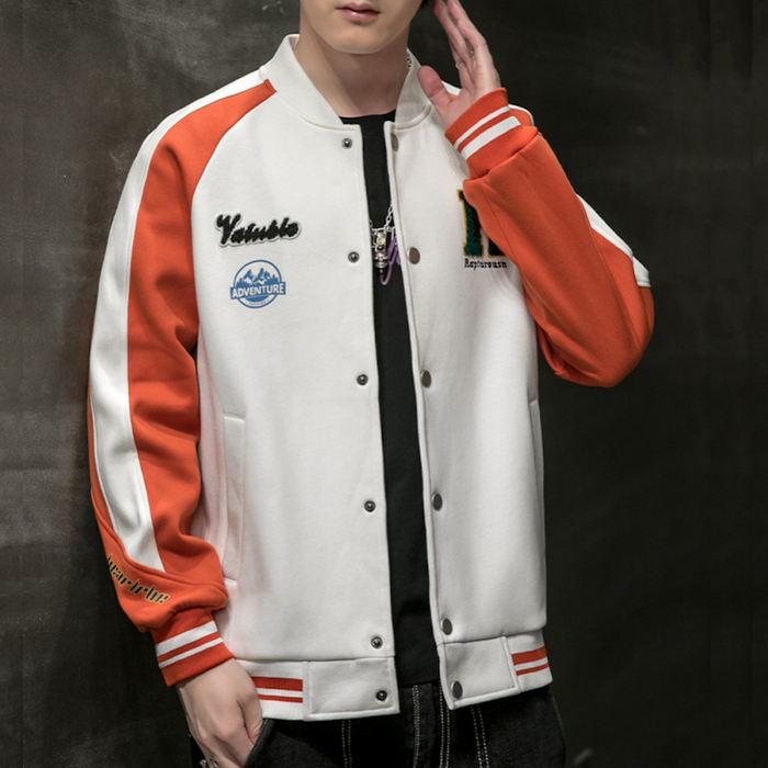 Two-Toned Men's "R" Varsity Coat: white, dark gray varsity-style jacket, casual sporty varsity style