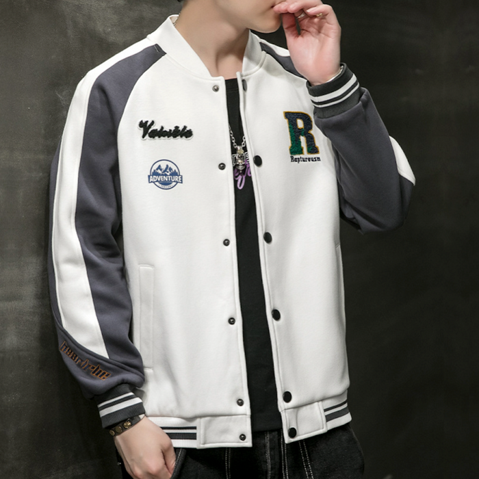 Two-Toned Men's "R" Varsity Coat: white, dark gray varsity-style jacket, casual sporty varsity style