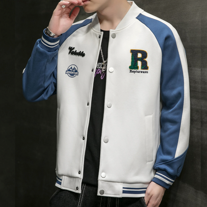 Two-Toned Men's "R" Varsity Coat: white, dark gray varsity-style jacket, casual sporty varsity style
