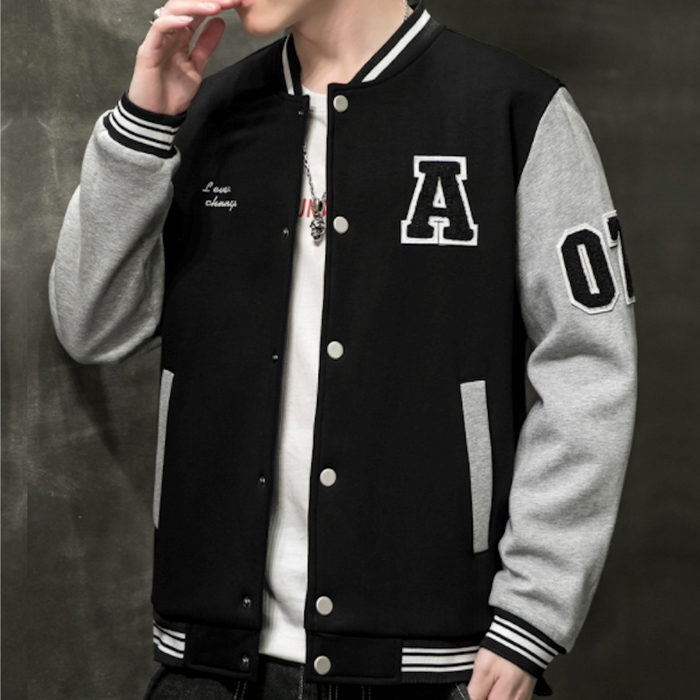 Two-Toned Men's Varsity Jacket: black, light gray varsity jacket, college varsity style