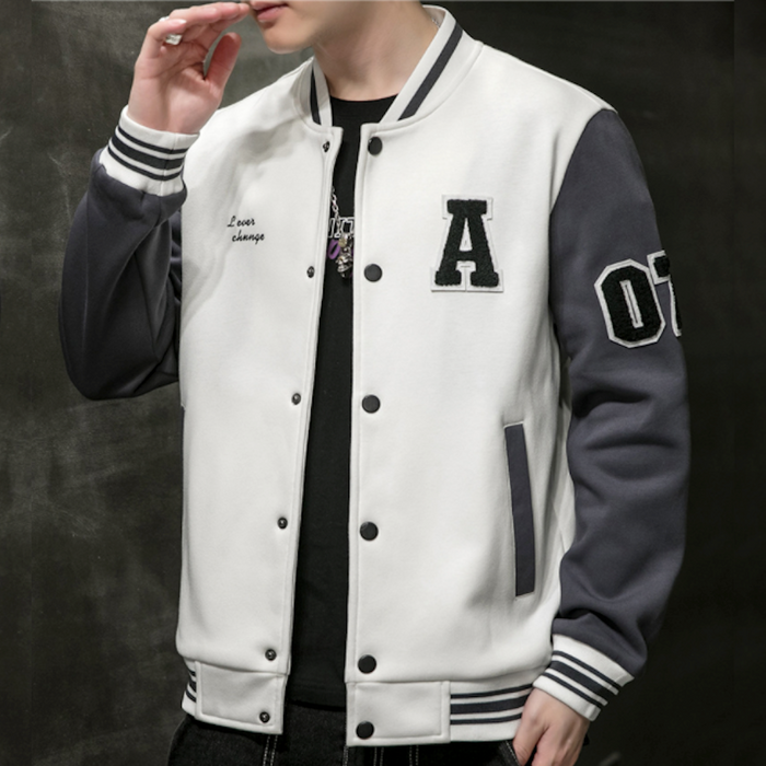 Two-Toned Men's Varsity Jacket: black, light gray varsity jacket, college varsity style