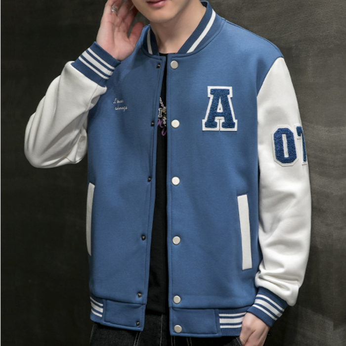 Two-Toned Men's Varsity Jacket: black, light gray varsity jacket, college varsity style