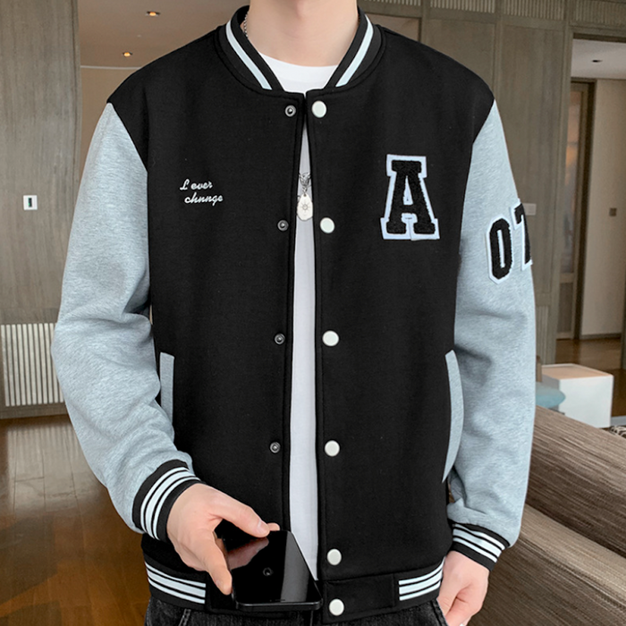 Two-Toned Men's Varsity Jacket: black, light gray varsity jacket, college varsity style