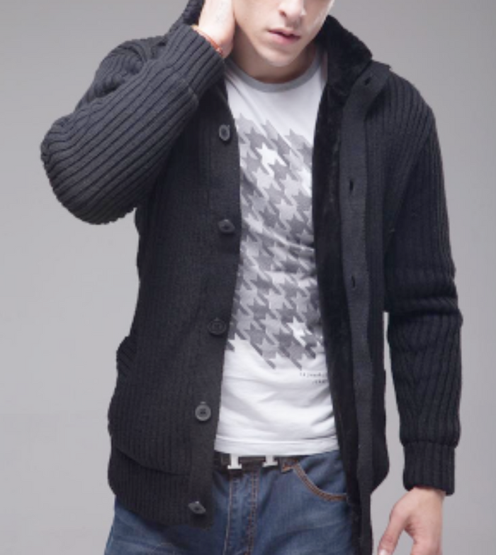 Ultra Cozy Men's Faux Fur Inner Cardigan for Cold Winter Days: dark charcoal gray, white men's knit cardigan, casual style