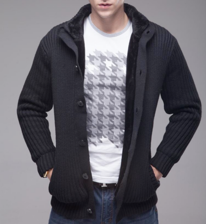 Ultra Cozy Men's Faux Fur Inner Cardigan for Cold Winter Days: dark charcoal gray, white men's knit cardigan, casual style