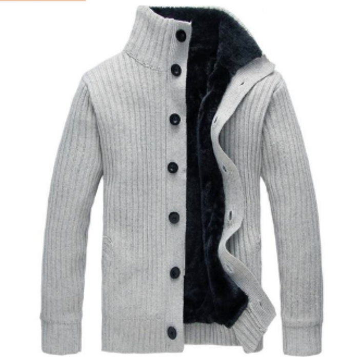 Ultra Cozy Men's Faux Fur Inner Cardigan for Cold Winter Days: dark charcoal gray, white men's knit cardigan, casual style