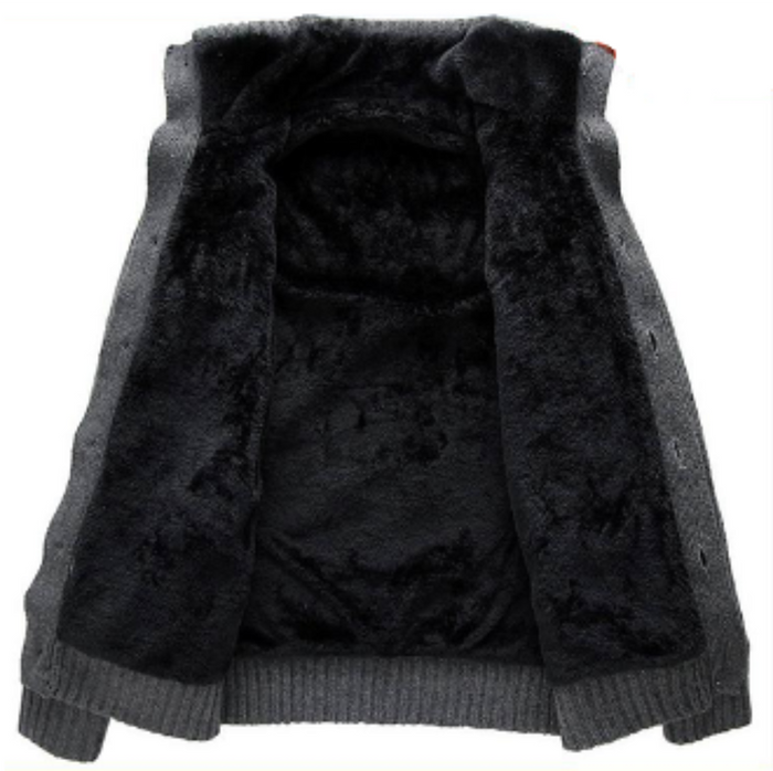 Ultra Cozy Men's Faux Fur Inner Cardigan for Cold Winter Days: dark charcoal gray, white men's knit cardigan, casual style