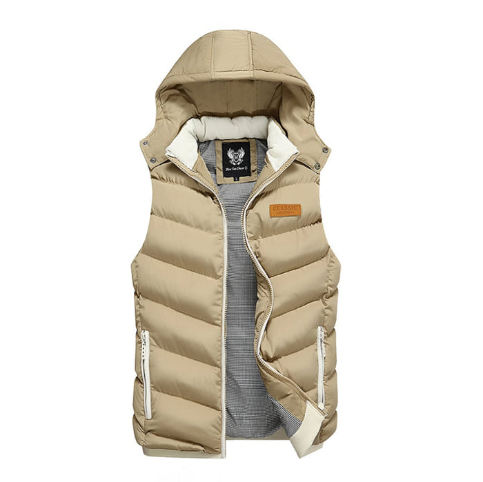 Ultra Cozy Winter Hooded Puffer Vest for Men in Khaki: beige, cream hooded puffer vest, casual style