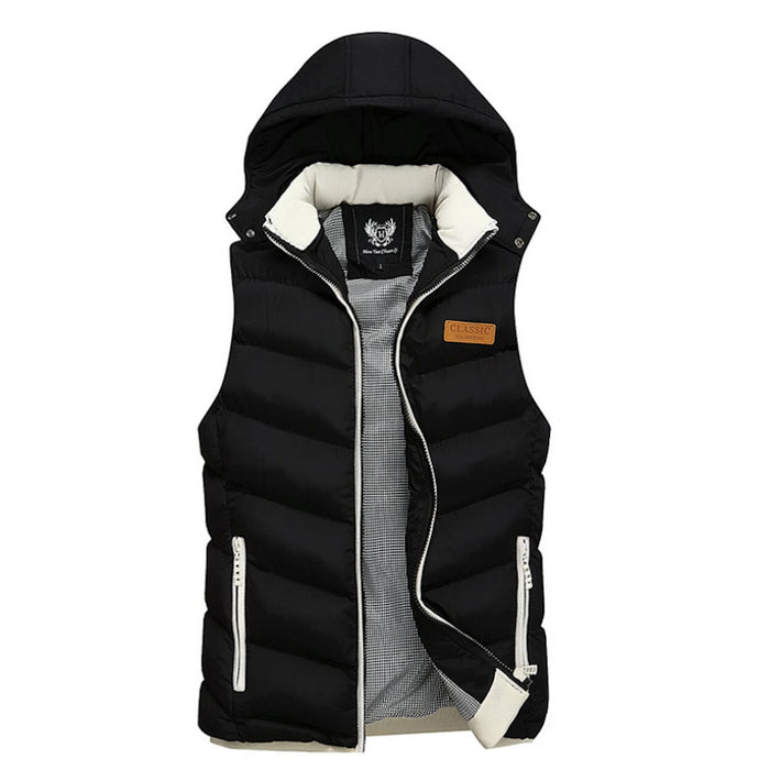 Ultra Cozy Winter Hooded Puffy Vest for Men in Navy: dark navy blue, white hooded puffer vest, casual minimal style