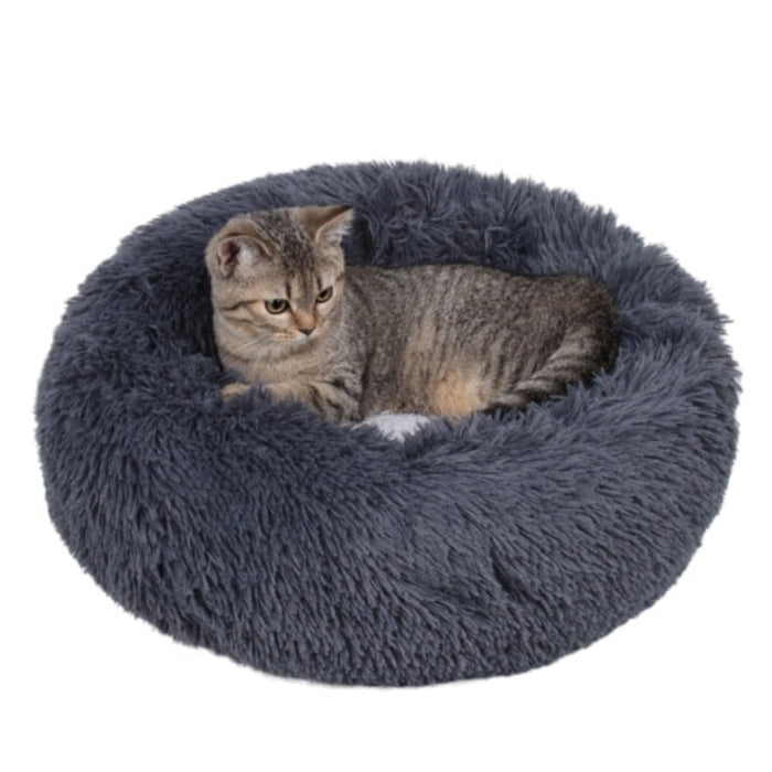 Ultra Plush Round Pet Bed with Soft Long Fur: dark gray, light gray cat, cozy minimal style