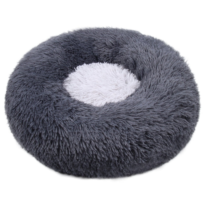 Ultra Plush Round Pet Bed with Soft Long Fur: dark gray, light gray cat, cozy minimal style
