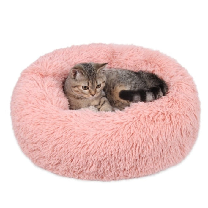 Ultra Plush Round Pet Bed with Soft Long Fur: dark gray, light gray cat, cozy minimal style