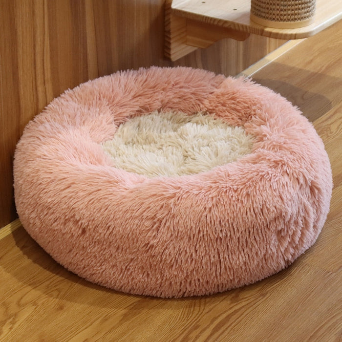 Ultra Plush Round Pet Bed with Soft Long Fur: dark gray, light gray cat, cozy minimal style