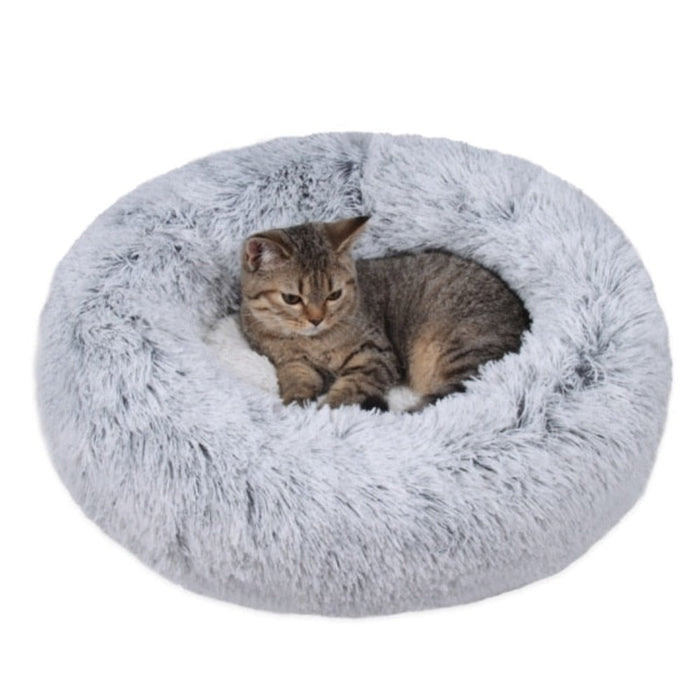 Ultra Plush Round Pet Bed with Soft Long Fur: dark gray, light gray cat, cozy minimal style