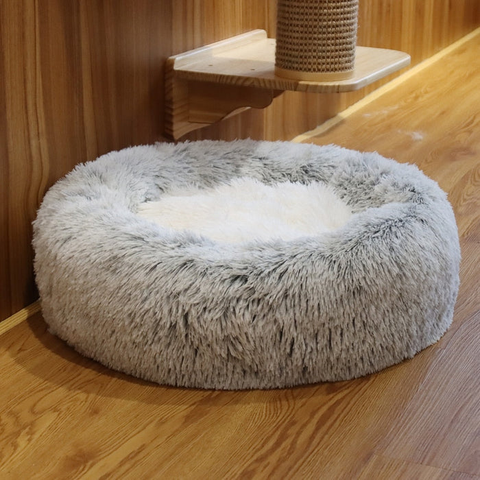 Ultra Plush Round Pet Bed with Soft Long Fur: dark gray, light gray cat, cozy minimal style