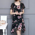 Uneven Short Sleeve Floral Dress for Women: black, pink short-sleeve floral dress, feminine floral style