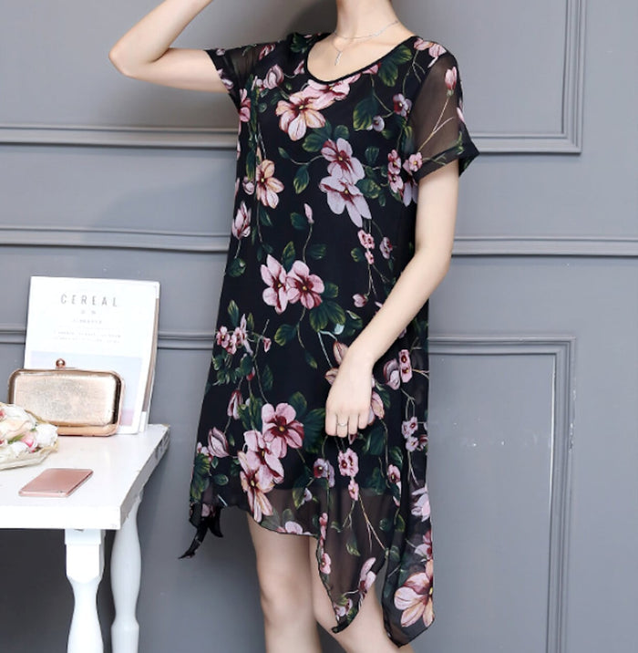 Uneven Short Sleeve Floral Dress for Women: black, pink short-sleeve floral dress, feminine floral style