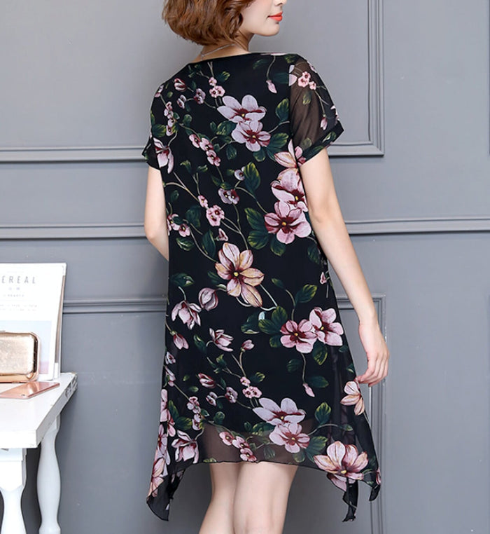 Uneven Short Sleeve Floral Dress for Women: black, pink short-sleeve floral dress, feminine floral style