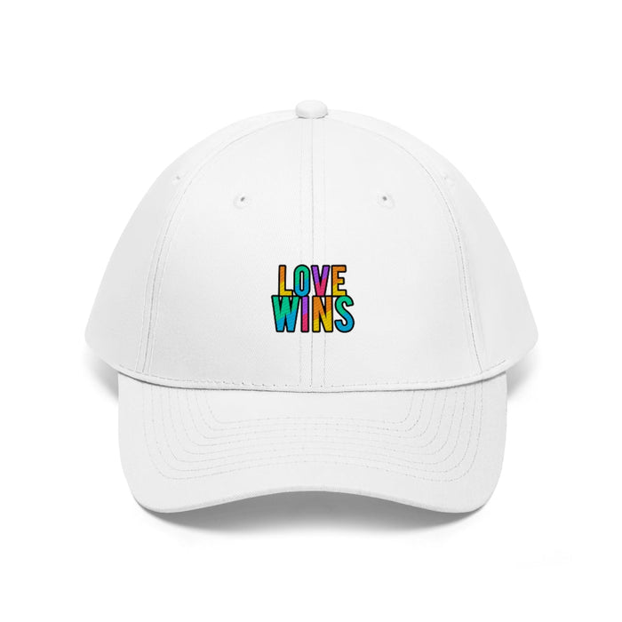 Unisex Twill Cap, Rainbow Love Triumphs: white, multicolor Love Wins pride theme, minimal style