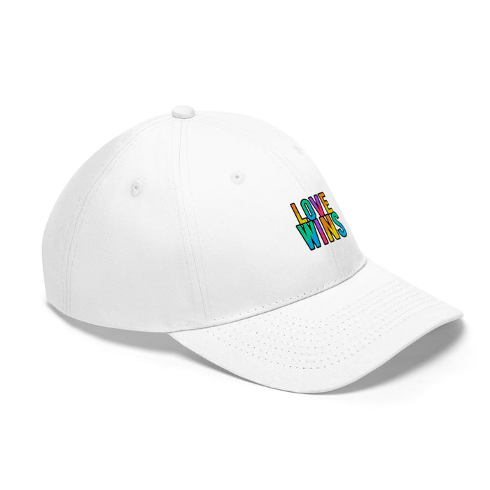 Unisex Twill Cap, Rainbow Love Triumphs: white, multicolor Love Wins pride theme, minimal style