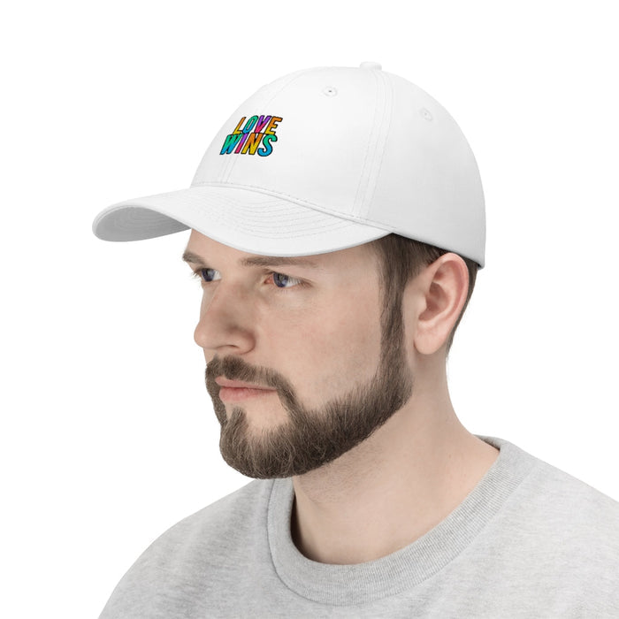 Unisex Twill Cap, Rainbow Love Triumphs: white, multicolor Love Wins pride theme, minimal style