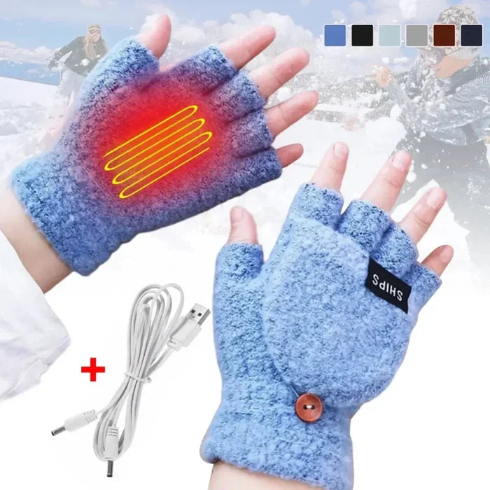 USB Convertible Heating Gloves: light blue, dark blue fingerless heated gloves with USB cable, minimal functional winter acce