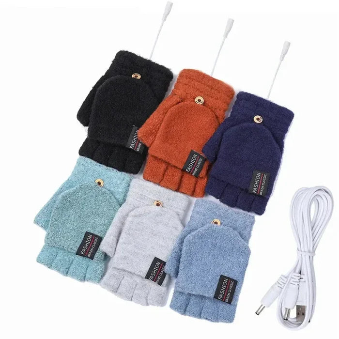 USB Convertible Heating Gloves: light blue, dark blue fingerless heated gloves with USB cable, minimal functional winter acce