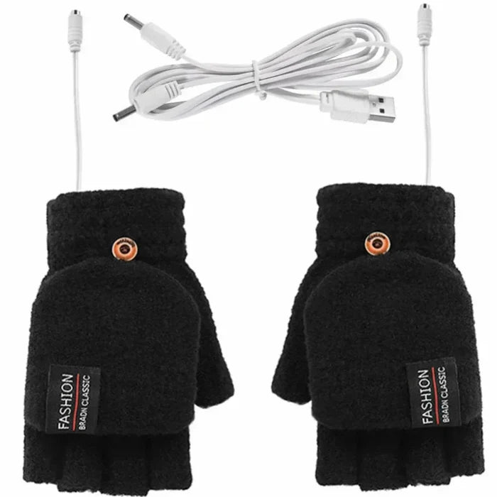 USB Convertible Heating Gloves: light blue, dark blue fingerless heated gloves with USB cable, minimal functional winter acce