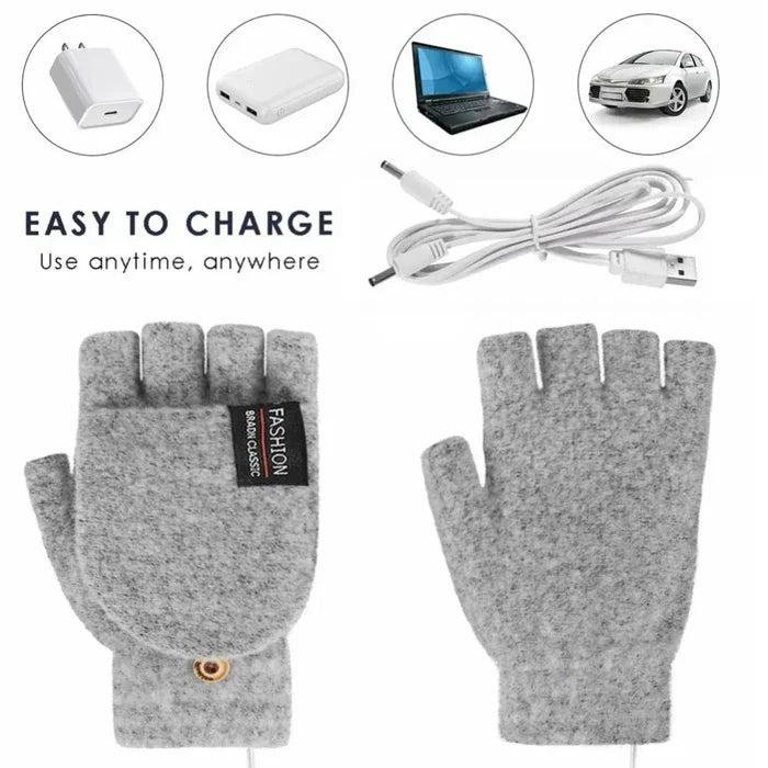 USB Convertible Heating Gloves: light blue, dark blue fingerless heated gloves with USB cable, minimal functional winter acce