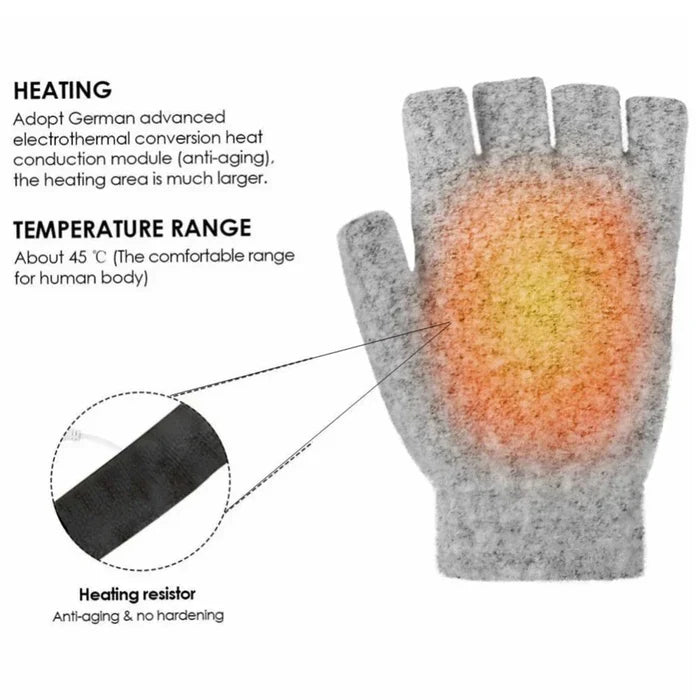 USB Convertible Heating Gloves: light blue, dark blue fingerless heated gloves with USB cable, minimal functional winter acce