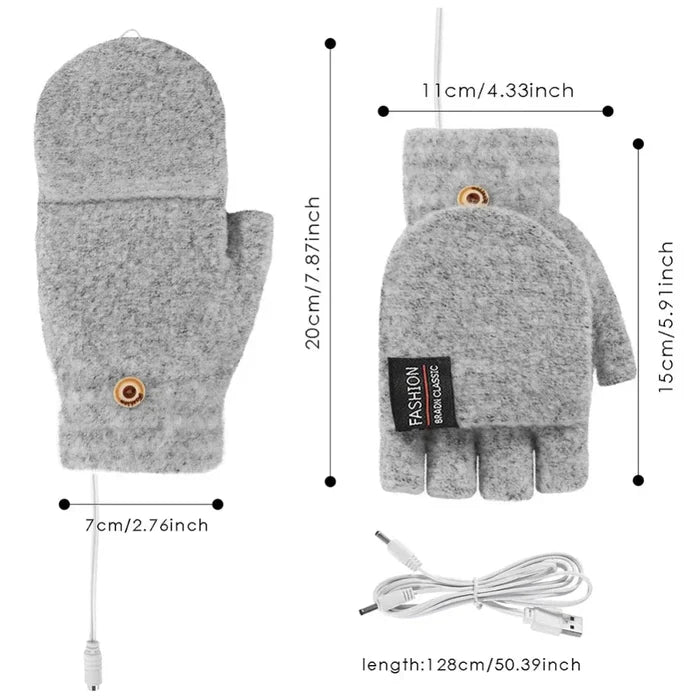 USB Convertible Heating Gloves: light blue, dark blue fingerless heated gloves with USB cable, minimal functional winter acce