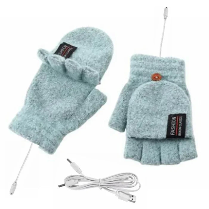 USB Convertible Heating Gloves: light blue, dark blue fingerless heated gloves with USB cable, minimal functional winter acce