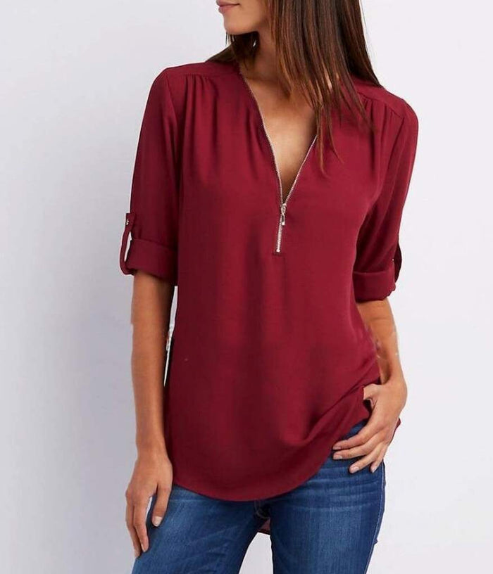 V Neck Blouse for Women with Trendy Urban Style: burgundy, silver women's blouse/top, casual minimal style