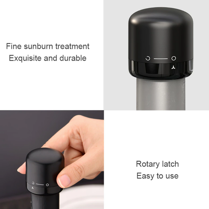 Vacuum Sealed Wine and Champagne Bottle Stopper: black, dark gray rotary latch/cap mechanism, minimal modern style